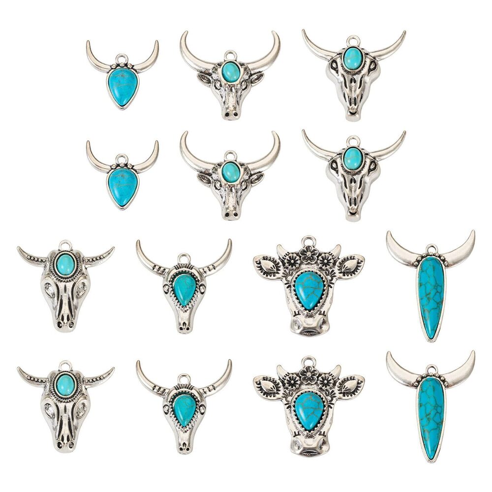 9678 pandahall 14Pcs Tibetan Turquoise Pendants Cattle Head Turquoise
